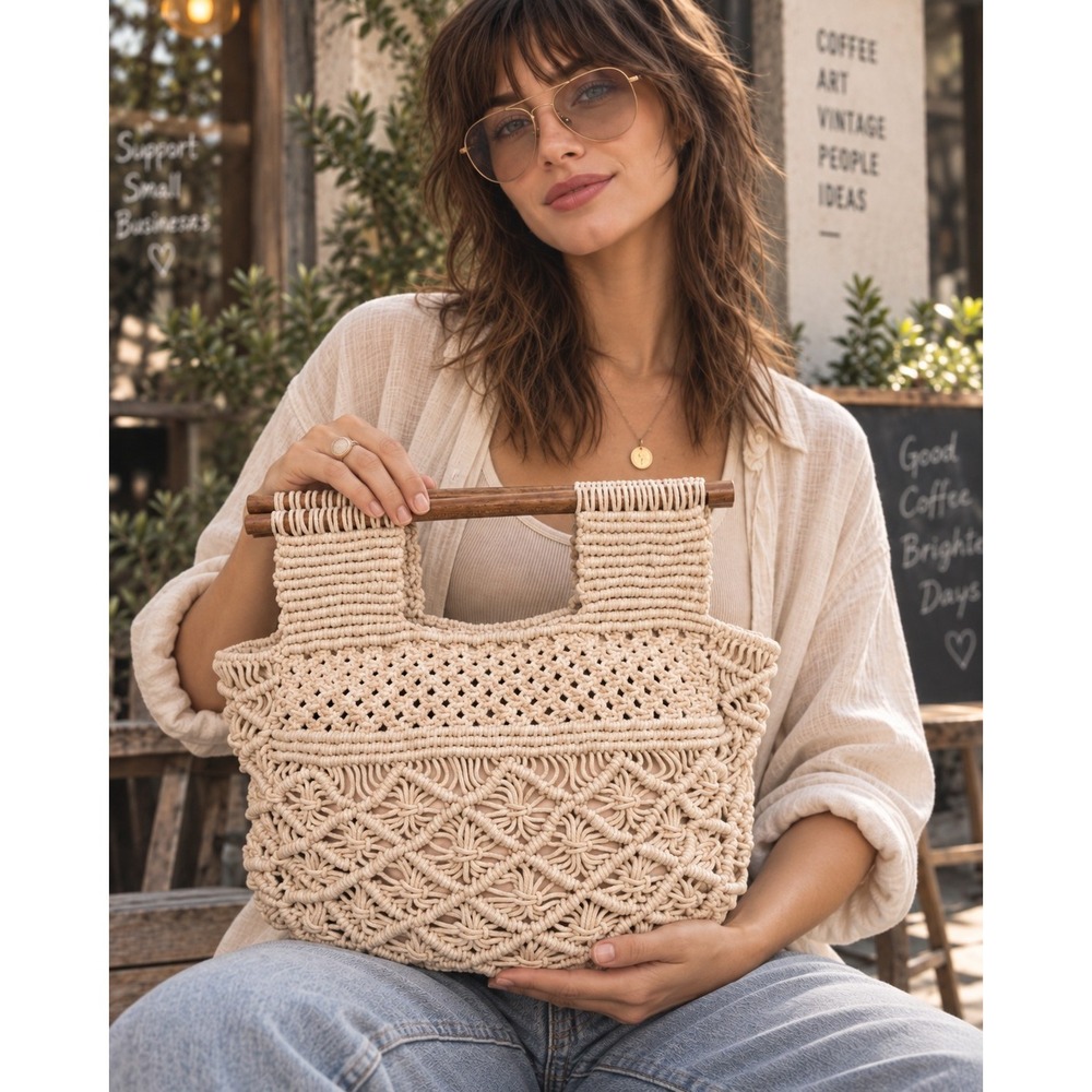 Shiraleah Chicago Macrame Handbag Beige Cotton Wood Handle Boho Tote Bag